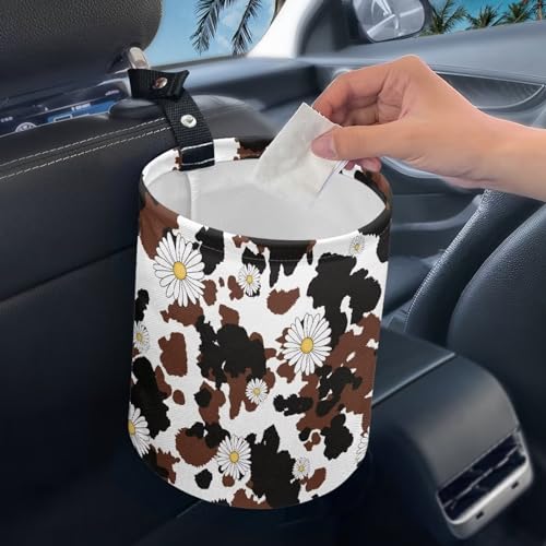 Image of Brown Cow Patterns and Daisies Print Collapsible Waste Basket Bin Multipurpose Trash Bin for Car Hanging Portable Dustbin Bin Accessories Garbage Bin Universal
