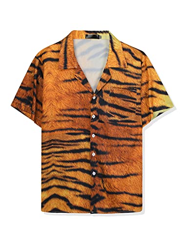 Lars Amadeus Men's Tiger Shirt Short Sleeve Button Up Summer Animal Printed Shirts Small Brown Black
