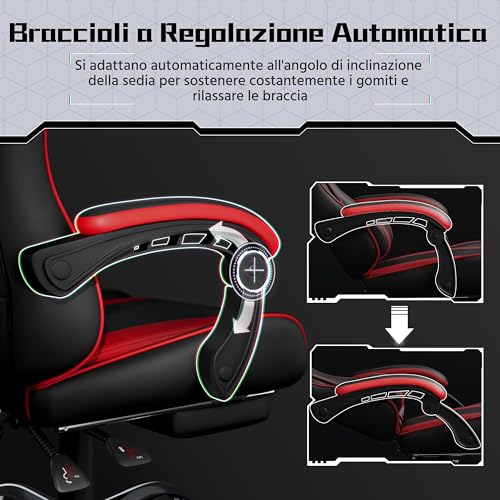 Sedia Gaming Ergonomica Massaggiante Reclinabile con Poggiapiedi Poggiatesta e Supporto Lombare Braccioli Imbottiti in Finta Pelle, Poltrona Gamer da Scrivania con Ruote Girevole Rosso - Sedia gaming - Immagine 7