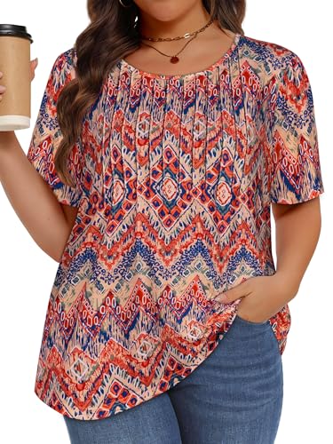 Image of Plus Size Tops for Women Pleated Summer Top Trendy Short Sleeve Shirts Casual Basic Tee Crew Neck Blouses 2026