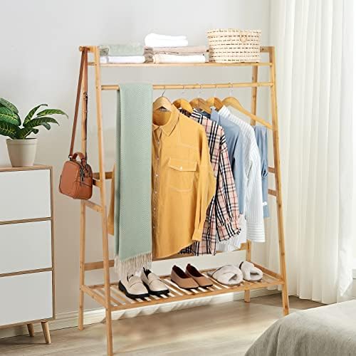 COSTWAY Bamboo Clothes Rail Stand, 4-in-1 Freestanding Coat Garment Rack with Top Shelf, 2 Hooks, Hanging Rod and Shoe Rack, Open Wardrobe Closet Clothing Hanger Storage Organiser for Bedroom Hallway