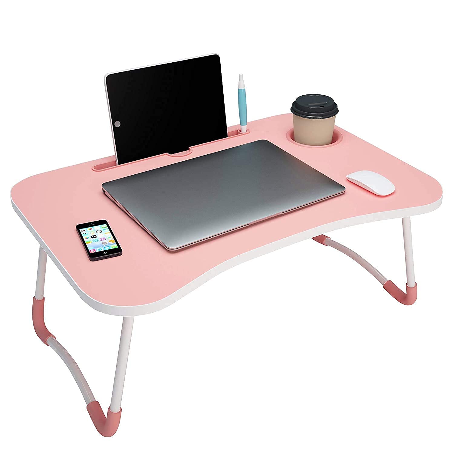 NORY Portable Multifunction Foldable Bed Study/Laptop Table/Lapdesk with Tablet Slot and Cup Holder for Children, Office, Gaming, Home Gold (Pink)