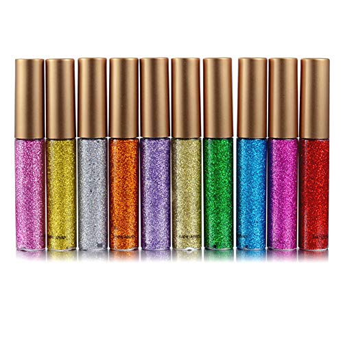 Prism Makeup 10 Colors Liquid Glitter Eyeliner Metallic Shimmer Glitter Eyeshadow Waterproof Sparkling Silver Gold Eyeliner Set Eye Shadow Cosmetics (Set of 10)