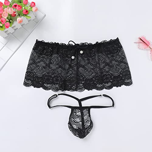 ABAFIP Men's Sissy Lingerie Low Rise Lace Mesh Sheer Mini Skirt + G-string Panties 2Pc Crossdressing Underwear3
