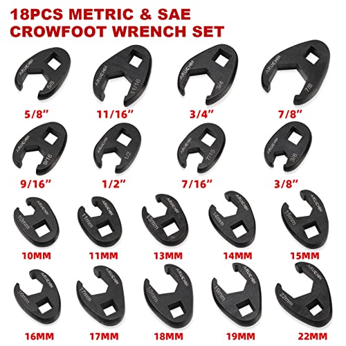Arucmin 3/8" Drive Crowfoot Flare Nut Wrench Set,18-Piece Chrome Vanadium Steel Crowfoot Wrench Set Sae & Metric 3/8"-7/8" And 10-22Mm With Organizer Box #TOP3