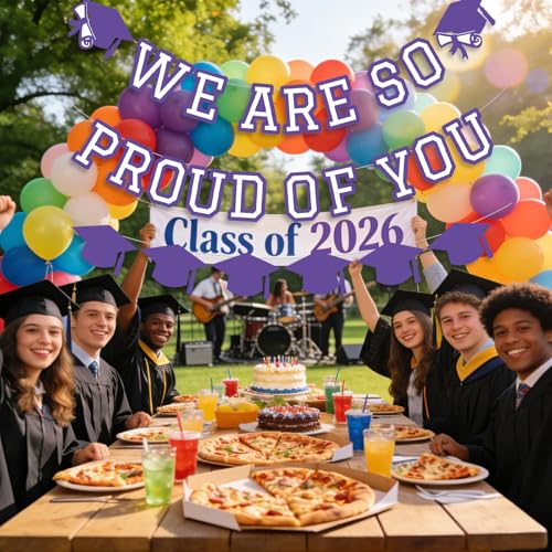 Image of We Are So Proud Of You Banner Graduation Party Decorations Congrats Grad Cap Garlands Wall Sign Purple White