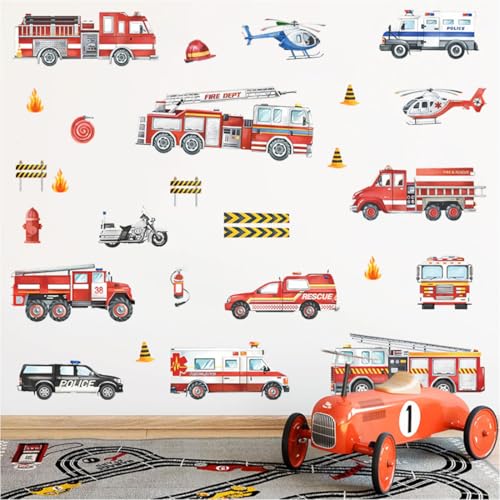 GGUFAY Stickers Muraux Enfants Camion De Pompiers Voiture Autocollant Mural Transport Voitures Véhicules Décoration Murale GarçOn Chambre Enfants Salle De...