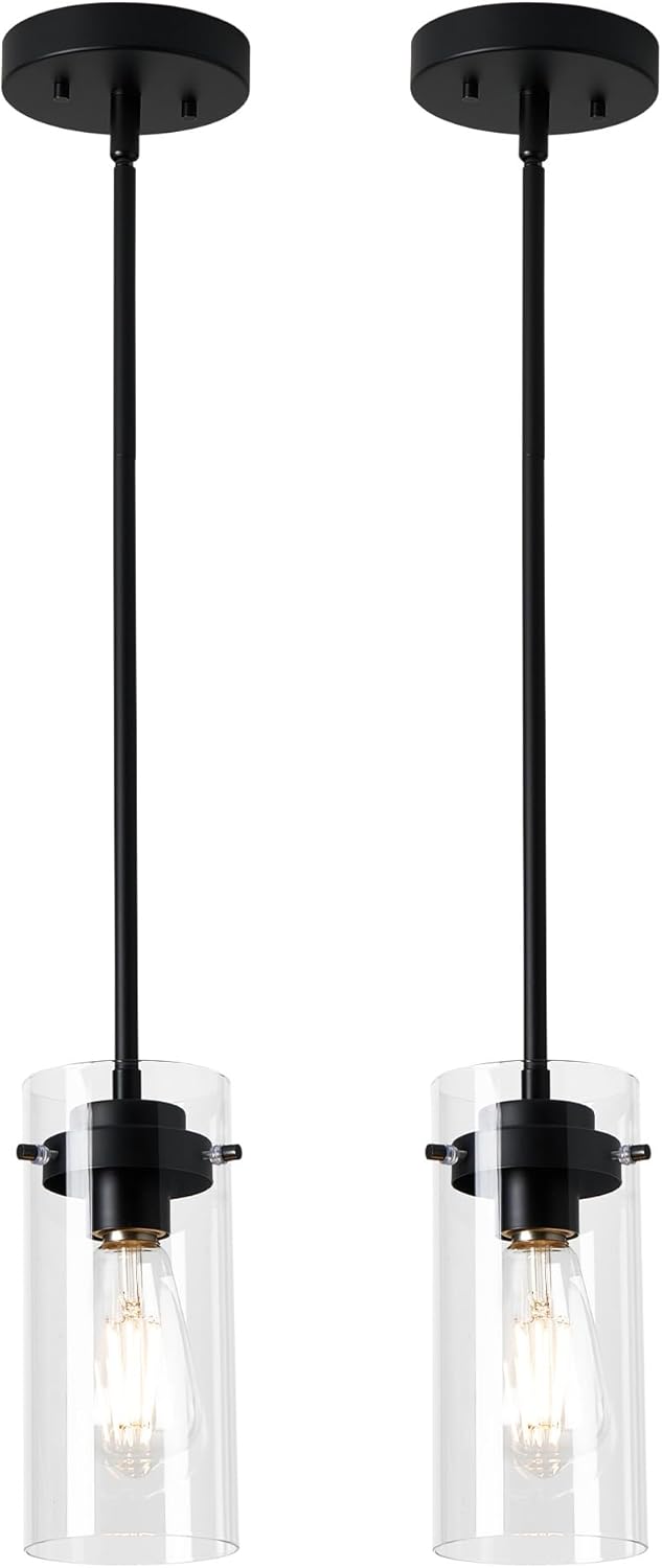 EAPUDUN Pendant Lights (2 Packs), Hanging Lights Fixtures, Clear Glass Shade Kitchen Lighting, Matte Black Farmhouse Kitchen Dining Table Ceiling Lights -PDA1353-B-MBK