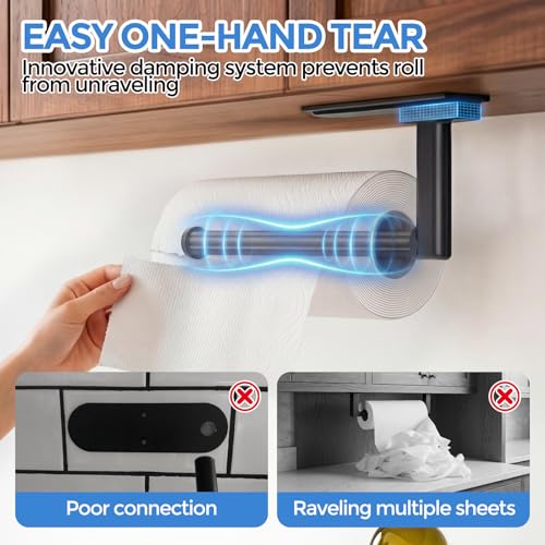 Image of zaa Paper Towel Holder Under Cabinet - Self Adhesive or Drilling Paper Towel Holder Wall Mount, One Hand Tear Black Towel Holder for Kitchen Organization, Bathroom, Sink, Pantry, Fridge, RV