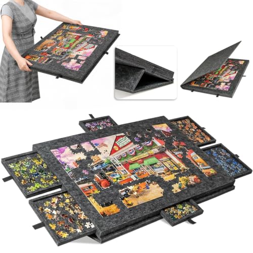Ceatbella Tilting Puzzle Board Jigsaw Puzzle Table Desk with 2-in-1 Designed Stand & Cover Lightweight Foldable Felt Puzzle Mat Plateau with 6 Drawers Up to 1000 Pieces for Game Lovers Adults Kids