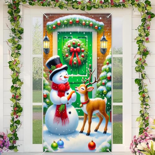 Image of BlissYard Christmas Door Cover Green Snowman 35x71 Inch Polyester