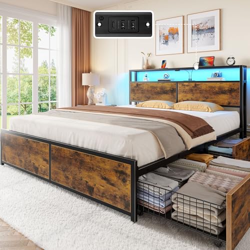 Rolanstar Full Size Bed Frame with 4 Storage Drawers Charging Station and LED Lights Metal Platform Bed with 2-Tier Storage Headboard No Box Spring Needed Easy Assembly Noise-Free Rustic Brown