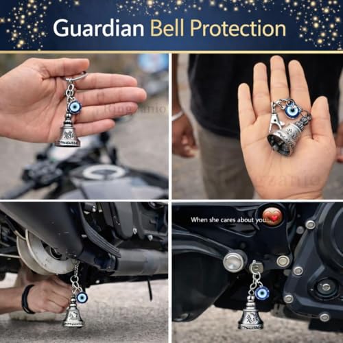 Image of Guardian Bell Keychain for Bike and Car | Tibetan Bell Keychain with Evil Eye | Good Luck Charm Bell | Ghanti for Bike | Guardian Bell | Gift for Men | Protection Charm | Gift for Rider