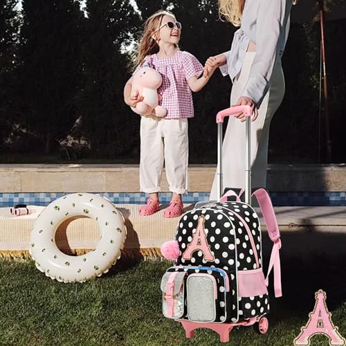 Image of HTgroce Cute Rolling Backpack for Girls Kids with Lunch Box & Pencil Case 3pcs Girls Rolling Backpacks for Elementary Middle School Bag with Wheels (Dot Letter A)