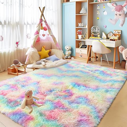 Fluffy Colorful Rainbow Rug 5 x 7, Plush Area Rugs for Bedroom Living Room, Large Fuzzy Carpet for Girls Kids Nursery Room Dorm, Non-Slip & Soft Shag Rug for Home Decor