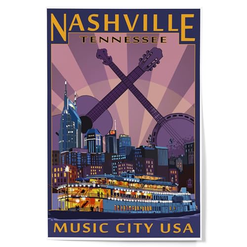 Lantern Press 12×18 Inch Art Print Wall Decor, Nashville, Tennessee, Skyline at Night