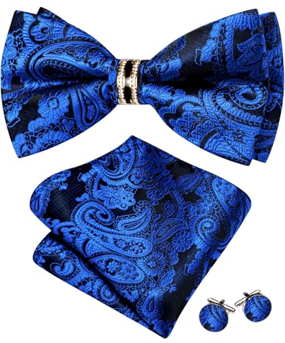 Image of YOHOWA Mens Bow Tie Set Paisley Pre-tied Bowties Adjustable with Handkerchief Cufflinks Gold Ring Set Wedding Prom Party
