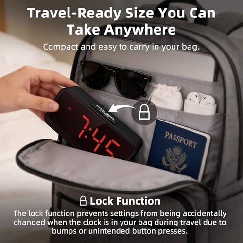 Image of Small Battery Operated Alarm Clock: Long-Lasting Battery Use | Compact Cordless Digital Clock for Bedrooms Desks and Travel - Easy to See with Auto Brightness for Seniors (Red Digits)