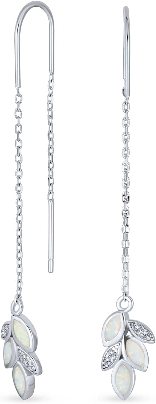 Delicate Minimalist Marquise Shaped Gemstone Leaf Feather White Iridescent Created Opal Inlay Long Chain Dangle Threader Earrings Western Jewelry For Women Teens .925 Sterling Silver