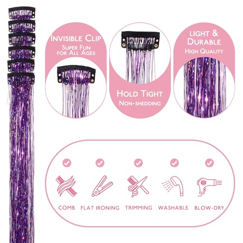 Image of WENNALIFE Hair Tinsel Clip In for Girls Purple, 6pcs 24 inch Clips Tinsel Hair Extensions Clip in Colorful Glitter Clips Sparkle Fairy Hair Accessories for Kids