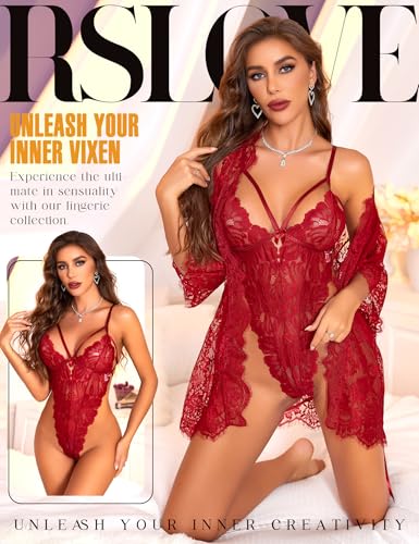 Foto de RSLOVE Conjunto de lencería sexy para mujer, 2 piezas, bata de kimono de encaje con lencería de peluche de encaje, body sexy (imagen 3)