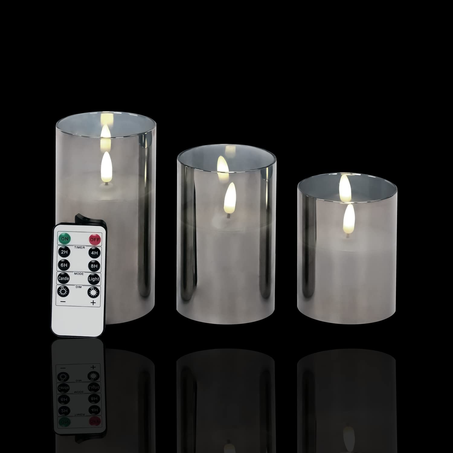 Idena 50062 - świece LED z timerem, baterią, ściemniaczem, 2 ustawieniami światła i pilotem, 3 wieżowe świece z prawdziwego wosku w szkle do użytku wewnętrznego