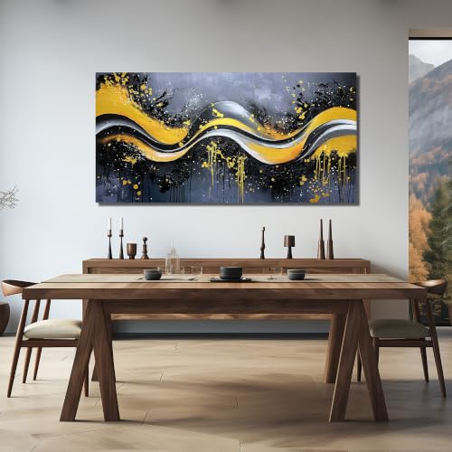 Image of AOZEMI Abstract Wall Art for Living Room Art Hand Painted Artwork | Black Wall Decor Large Gold Art Picture for Bedroom Office Luxury Splatter Decor 72 inchL x 36 inchW