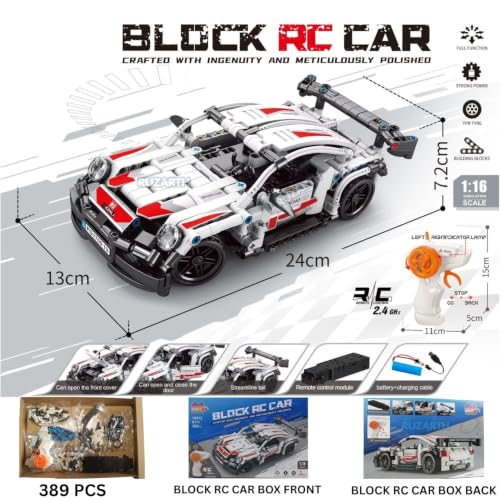 Image of RC Building Blocks Sports Car 389 PCS DIY Racing Car Kit with 2.4GHz Remote Control Rechargeable Battery 1:16 Scale STEM Construction Toy Birthday Gift for Boys & Girls 6-15 Years