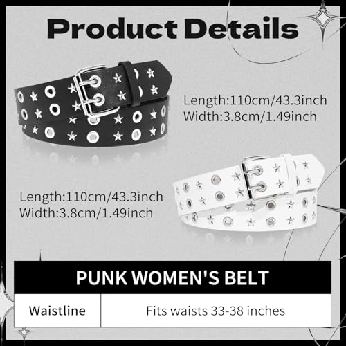 2 Pcs Black Studded Belt, Y2K Belt Star Goth EMO Punk Rock Double Grommet with Bright Pyramid Studded for Women Men (Star Grommet)2