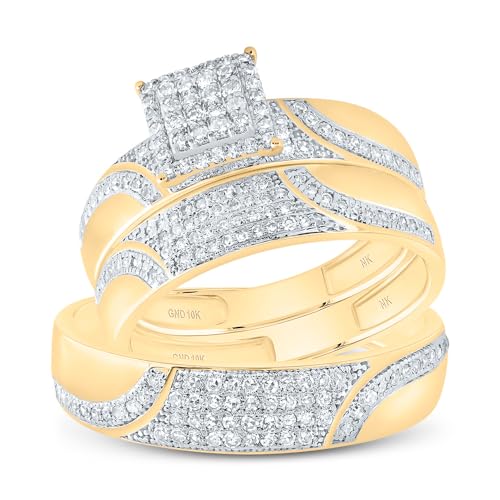 Jewels By Lux 10kt Yellow Gold His & Hers 3/4 Cttw Diamond Square Bridal Wedding Ring Band Set, Women Size: 5-9, Men Size: 8-12