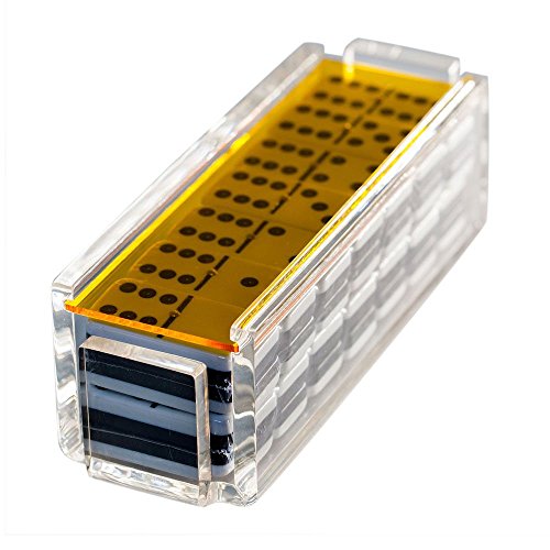 Modern Double Six Jumbo Tiles Dominoes Set, Acrylic Box with Acrylic Lid, Professional Two Toned Black and White Dominoes, Brass Center Rivet, Made in USA (Yellow)