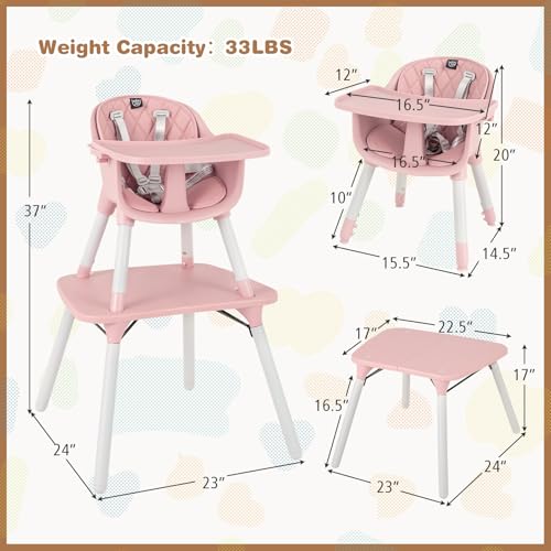 Image of BABY JOY High Chair, 5 in 1 Convertible Highchair for Babies & Toddlers | Booster Seat | Table and Chair Set | Infant Feeding Chair with Removable Tray, Safety Harness, Removable Cushion (Pink)