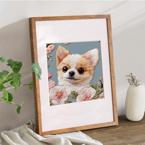 Image of FONNUY Chihuahua Dog Floral Embroidery Kit, Cross Stitch Kits for Beginners, Handmade Crafts with Printed Patterns for Beginner Adults, Easy to Follow Color Thread Needlework, 8'' Hoop (Petite Dog)
