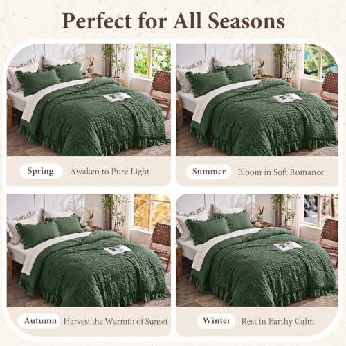 Image of JOLLYVOGUE Olive Green Queen Comforter Set,3pcs Ruffle Seersucker Bed Set | OEKO-TEX Certified, All Season, Down Alternative Fill, Lightweight Bedding Set with Ruffle Comforter & Pillowshams, Easy Care