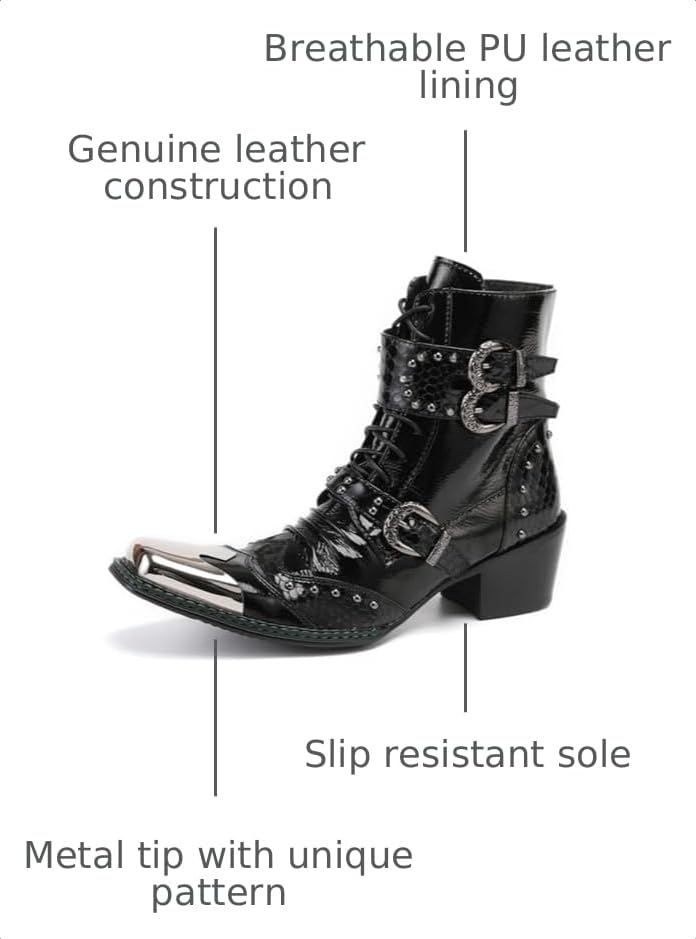 Image of Santimon Mens Boots Casual Black Western Leather Fashion Square Toe Metal Tip Dress Ankle Boot