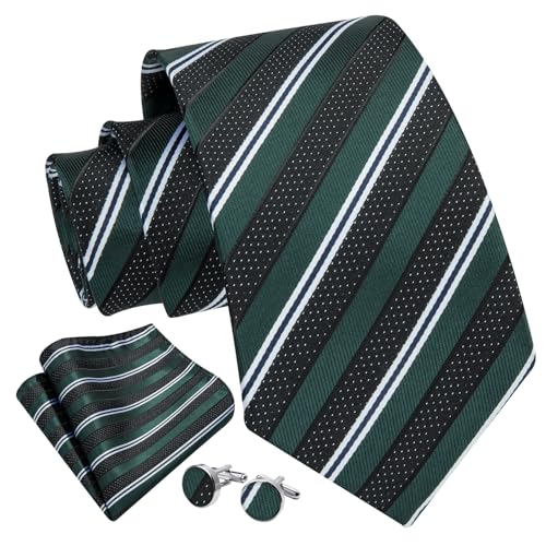 Image of Enlision Mens Ties Stripe Tie and Pocket Square Set Classic Formal Woven Neckties Handkerchief Cufflinks Wedding