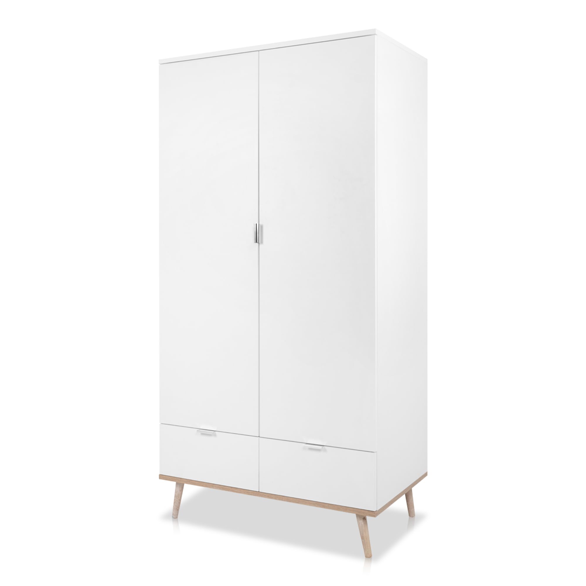 KHG Kleiderschrank 2-türig mit 2 Schubladen Scandi, Schublade, Tür | Sideboard aus Holzwerkstoff weiß foliert für Schlafzimmer, inkl. Kleiderstange 90x180x55 cm (B/H/T), für Stauraum