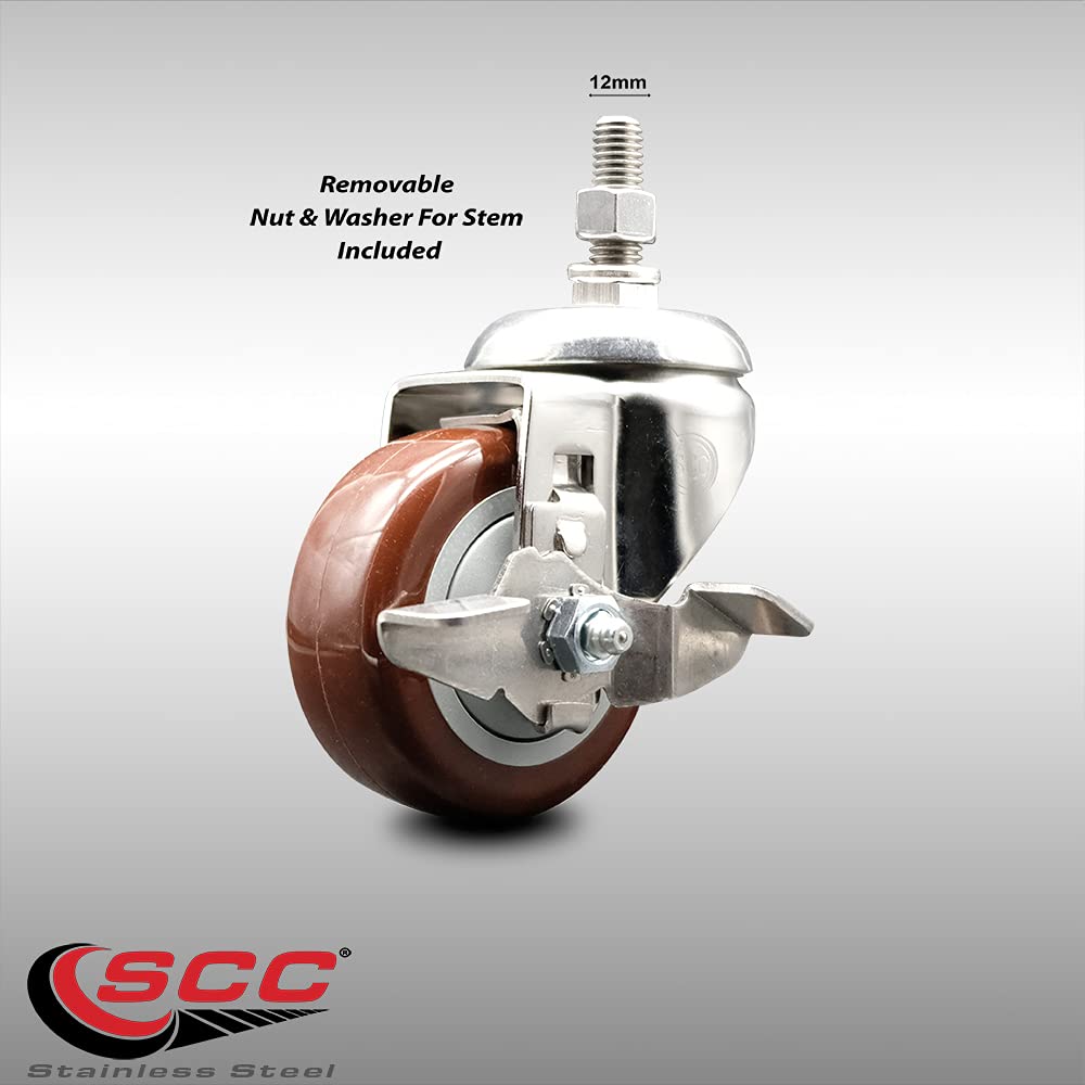 Polyurethane Swivel Stem Caster with 3 Inch Maroon Caster Wheel and Top Lock Brake - 12mm Metric Threaded Stem - 316 Stainless Steel Caster - 300 lbs. Capacity Per Caster - Service Caster Brand
