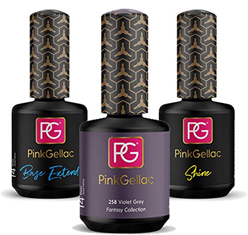 PINK GELLAC Shellac Gel Nagellack 3 x 15 ml für UV LED Lampe | 258 Violet Grey Lila Grau 15 ml + Base Coat Extend 15 ml…