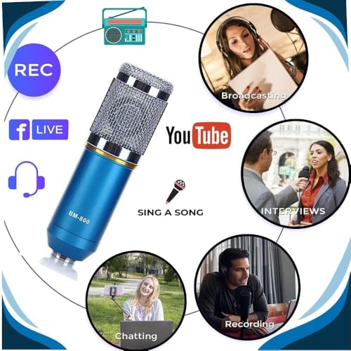 Image of MOCKING BIRD BM800 Condenser Microphone Set Recording Studio Equipment Kit with Mic Stand Pop Filter & External Sound Card for Singing Live Streaming Gaming Broadcasting Home Studio (Bluee)