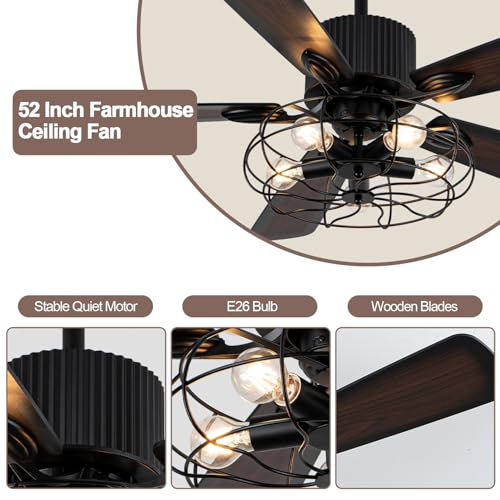 Image of 52'' Black Industrial Farmhouse Vintage Caged Fandelier Fan with Light