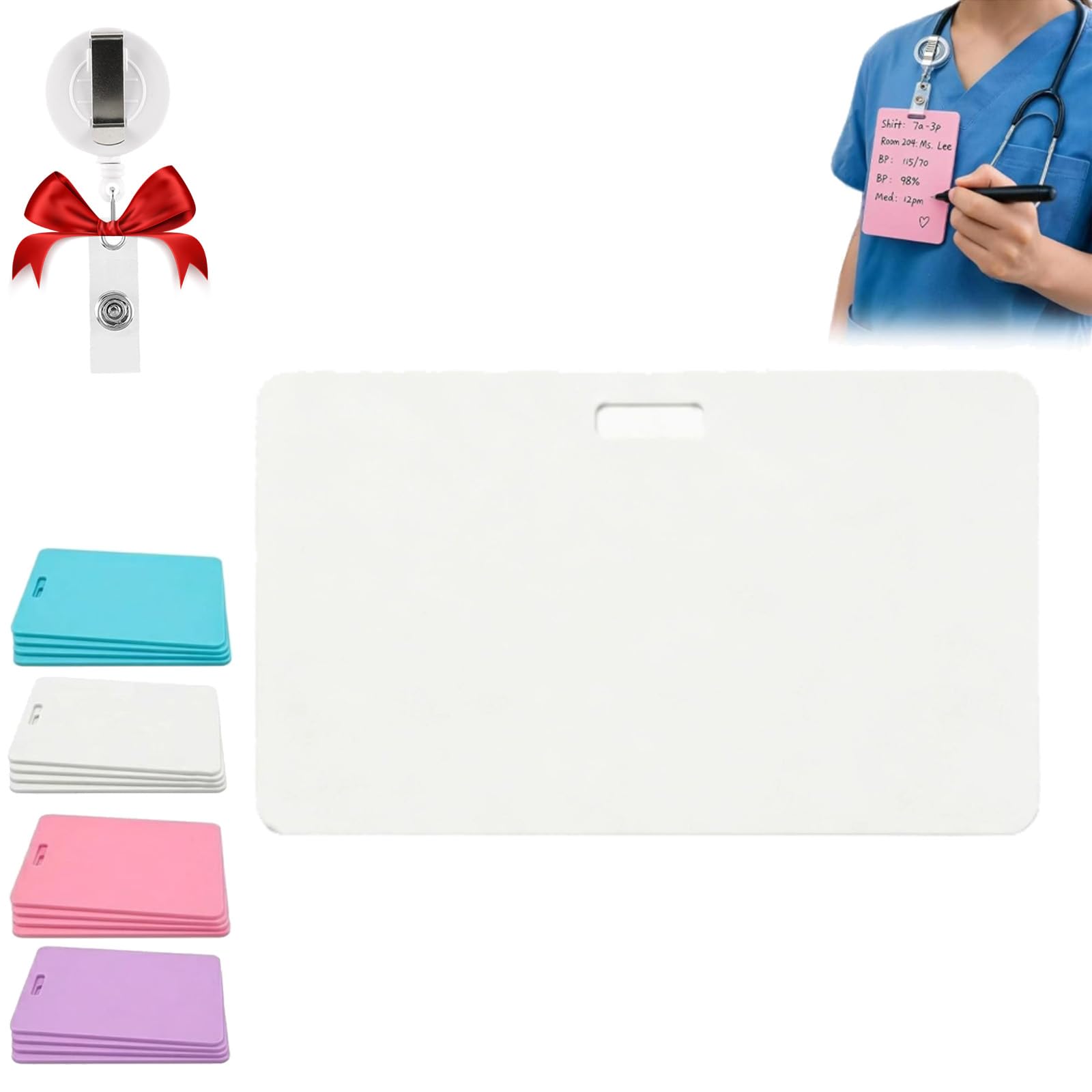 Erasable Badge Note, Mini Erasable Whiteboard for ID Badge, Reusable Silicone Badges Notepad, Ballpoint Pen Write & Alcohol Erasure, Portable for Nurses, Doctors & Teachers (White,Horizontal)