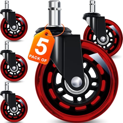 Image of Office Chair Wheels for Casters Replacement - 3 inch Rubber Wheels for Computer Gaming Desk Caster Smooth & Safe Rolling for All Floors Including Hardwood and Carpet - Set of 5 - Red