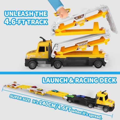 Image of Happy Hues Big Hauler Storage & Deform Truck Toy with 55 inch 2 Ejection Race Track & 6 Die-cast Cars- Catapult Truck with LED Light & Music for Kids (Yellow)