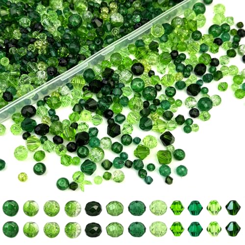 1000pcs Crystal Glass Beads for Jewelry Making - Green Color Assorted Size and Styles (Bicone Rondelle Crackle Round) Craft Glass Beads DIY Bracelet Necklace Earring Craft Kit with Organizer Box