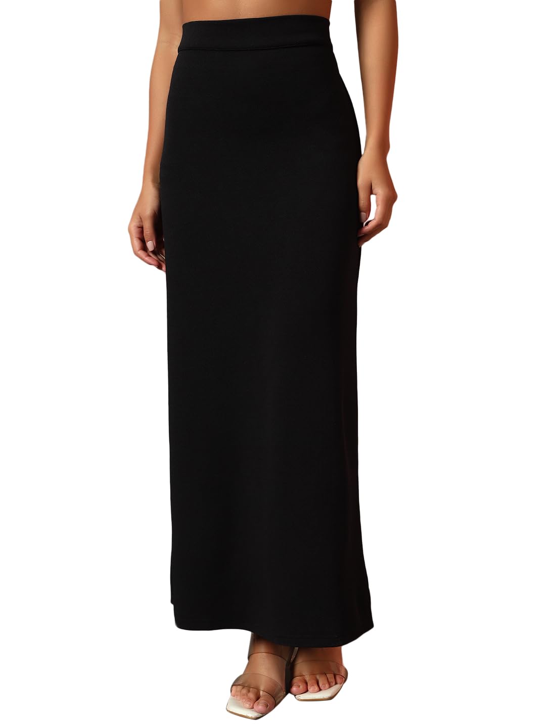 Women's Black High Waist Front Slit Midi Skirt – Slim Fit Casual and Workwear Skirt