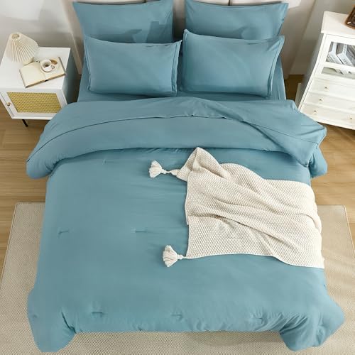 Litanika King Size Comforter Set Grayish Teal - 7 Pieces Bed in a Bag King Bedding Comforter Sets, Solid Lightweight Bed Set with Comforter, Sheets, Pillowcases & Shams