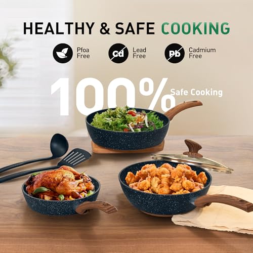 Image of MAISON ARTS Pots and Pans Set, 12 Piece Blue Kitchen Cookware Sets Nonstick | Induction Compatible, Granite Pans Set for Cooking, 100% PFOA & PFAS Free Non-Toxic, Easy to Clean, Even Heating
