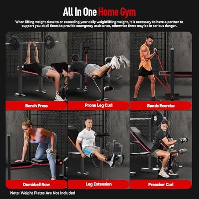 HARISON 6 in 1 Weight Bench Set with Leg Extension and Preacher Curl, 660LBS Workout Bench Press Rack for Home Gym with Resistance Bands