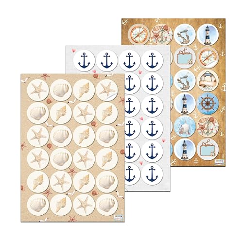 Pegatinas marineras, 72 unidades: stickers redondos con conchas, estrellas de mar, ancla, faro, peces, decoración náutica playa, para regalos, scrapbooking, detalles comunión, Ø 4 cm
